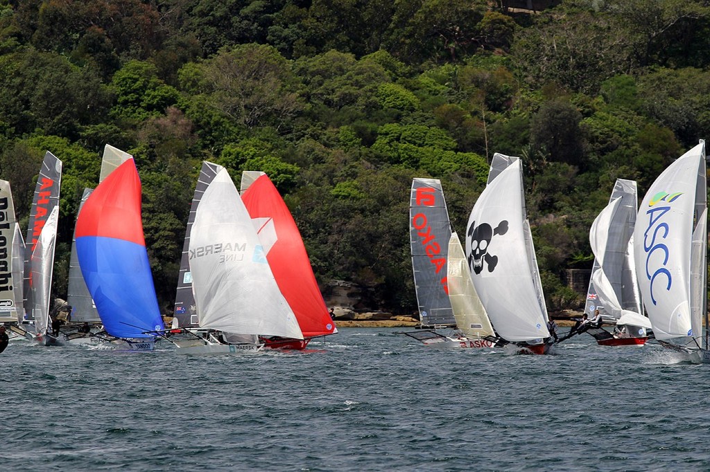 Spinnakers on the first run - JJ Giltinan 18ft Skiff Championship 2013, Race 5 © Frank Quealey /Australian 18 Footers League http://www.18footers.com.au